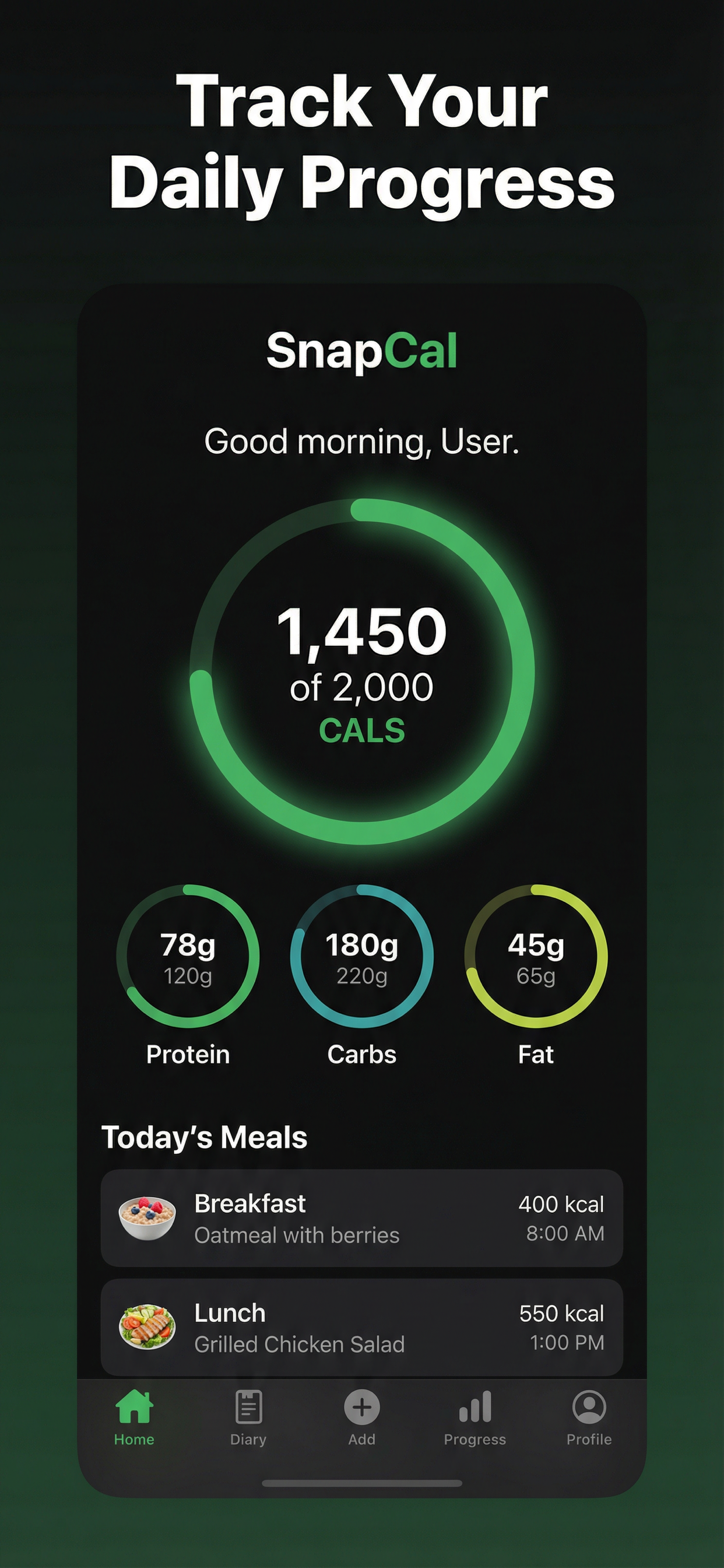 SnapCal Home Screen - Track Your Daily Progress