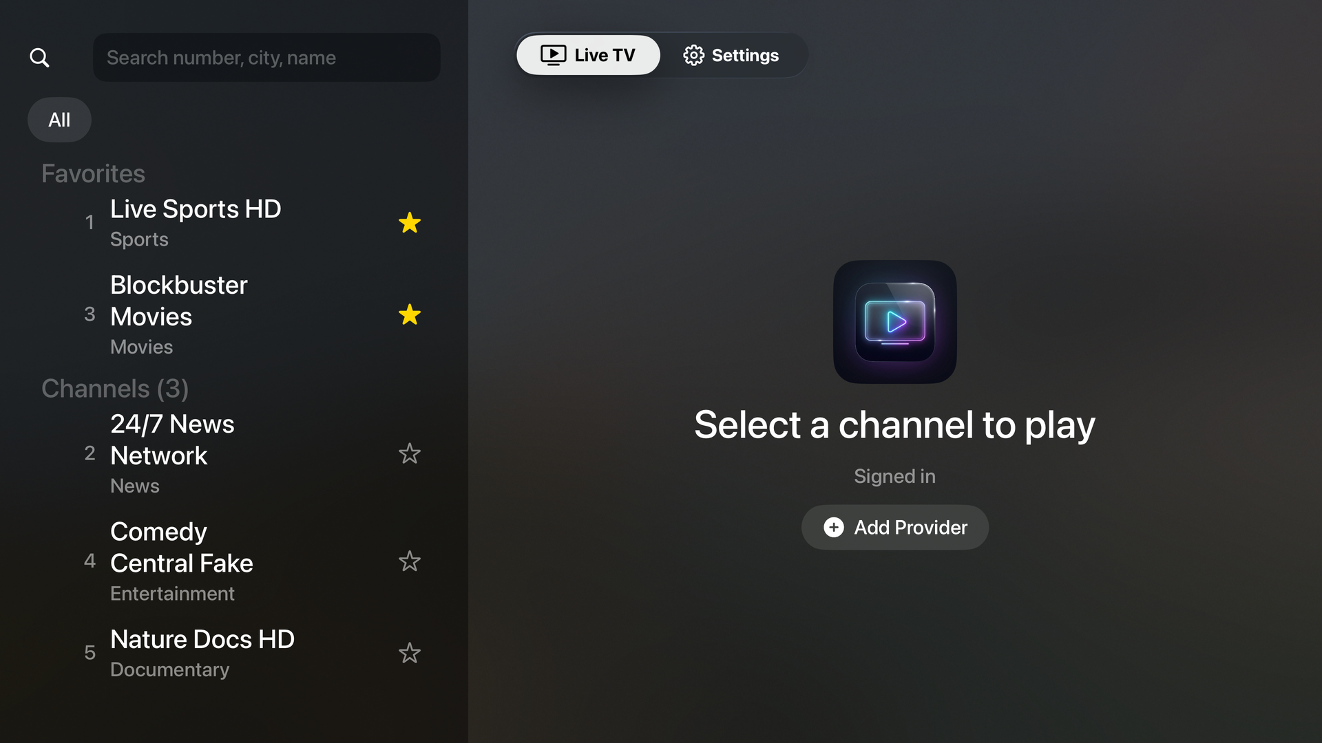 SuperPlayer live channel guide running on Apple TV